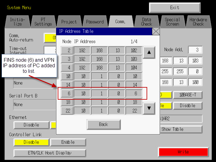 Add the VPN IP address & FINS node to NS IP address table