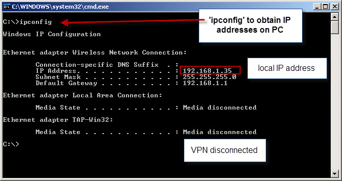 ipconfig - No VPN connected - just one IP address
