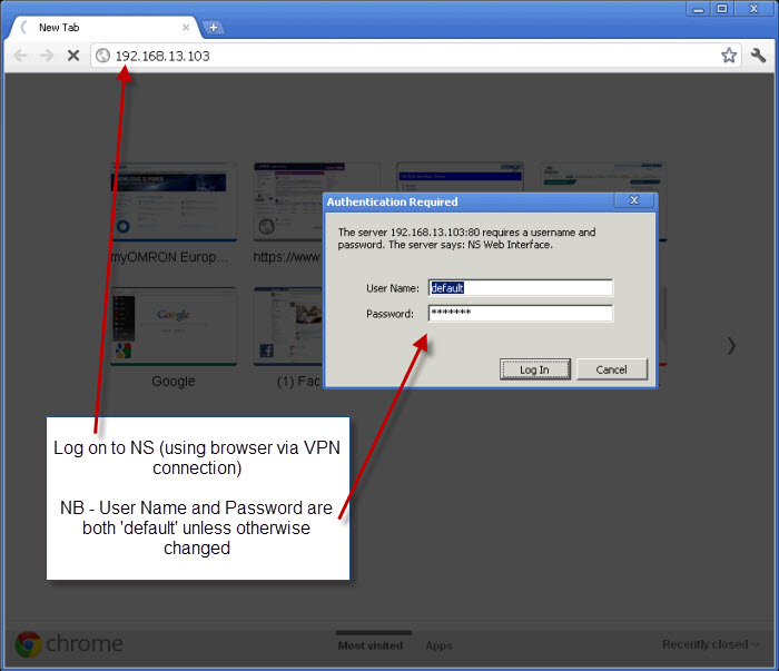Log on to NS web Server with 'default' as user & password