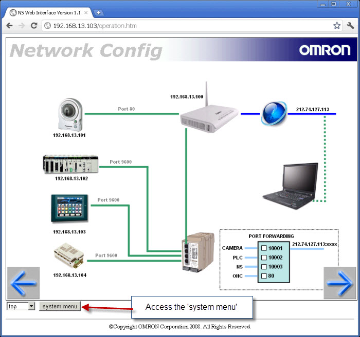 NS web server displays NS Application & 'System Menu'